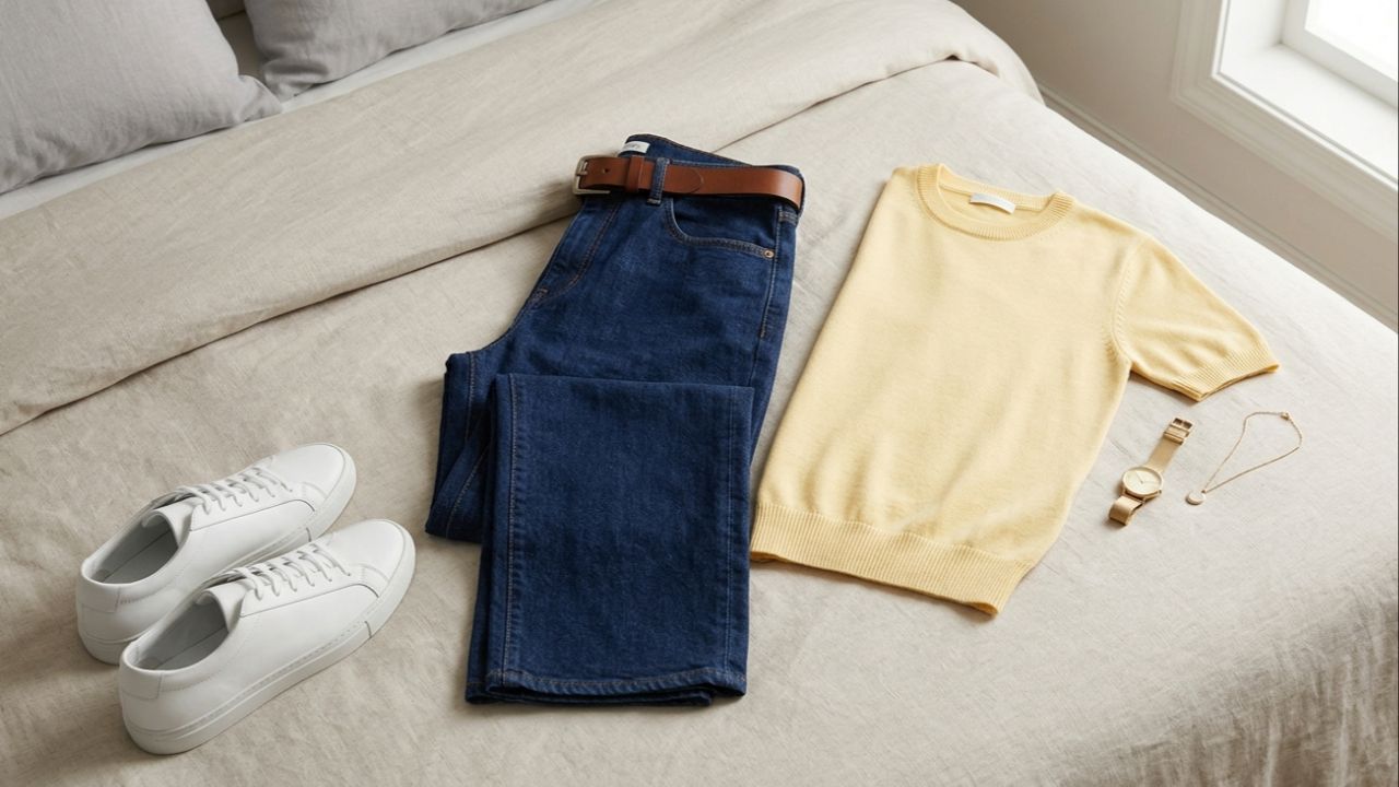 A intensidade do amarelo e a lavagem do jeans definem o equilíbrio entre um visual vibrante ou sofisticado.