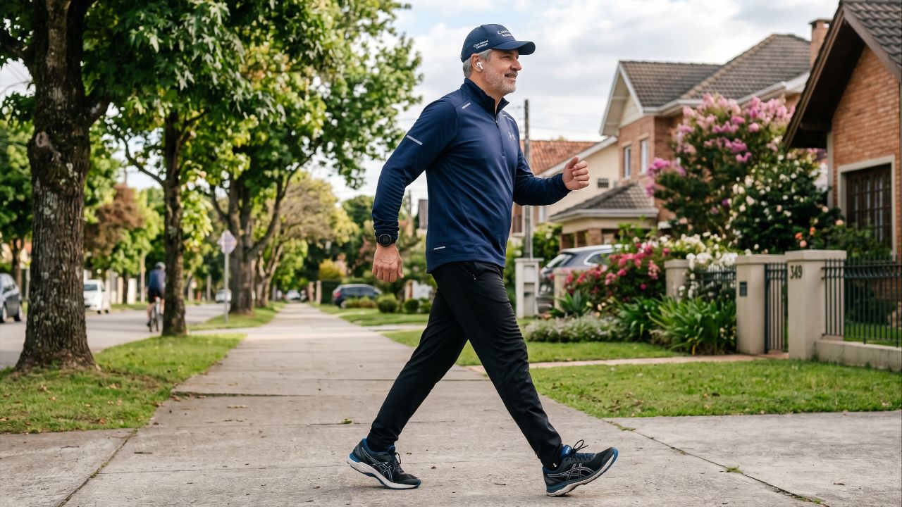 Caminhadas diárias adaptadas à faixa etária promovem saúde, controle de peso e prevenção de doenças dos 30 aos 50 anos.