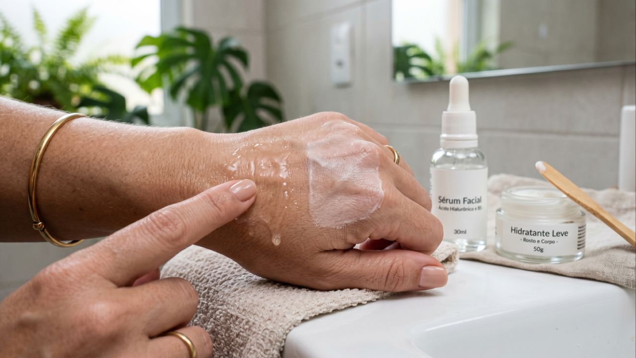 A ordem correta de aplicação, com o sérum antes do hidratante, garante a absorção máxima dos ativos e evita o desperdício de produto.