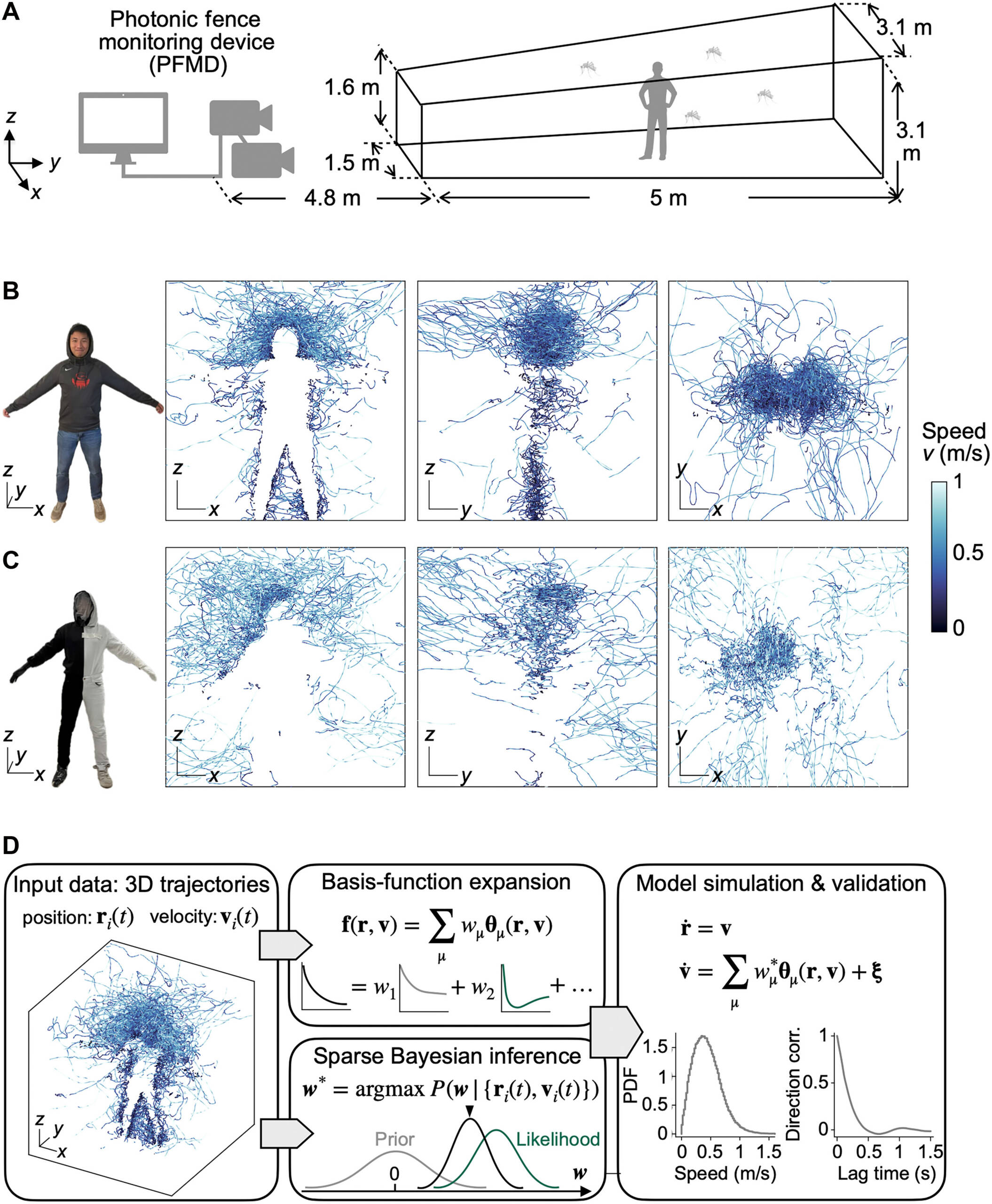 (A) Projeto do montamento experimental. (B) Esquerda: Um sujeito humano vestindo roupas escuras. Os painéis restantes mostram projeções 2D das trajetórias 3D dos mosquitos ao redor do sujeito mostradas à esquerda, coloridas pela velocidade de voo. Assunto da foto: C.Z. Fotógrafo: D.L.H., Instituto de Tecnologia da Geórgia. (C) Esquerda: Um sujeito humano vestindo uma roupa meio preta, meio branca.