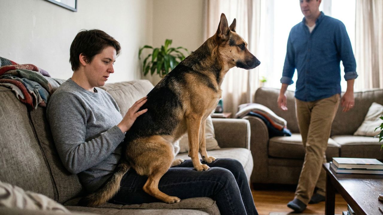 Cães sentam na perna por carinho ou controle.