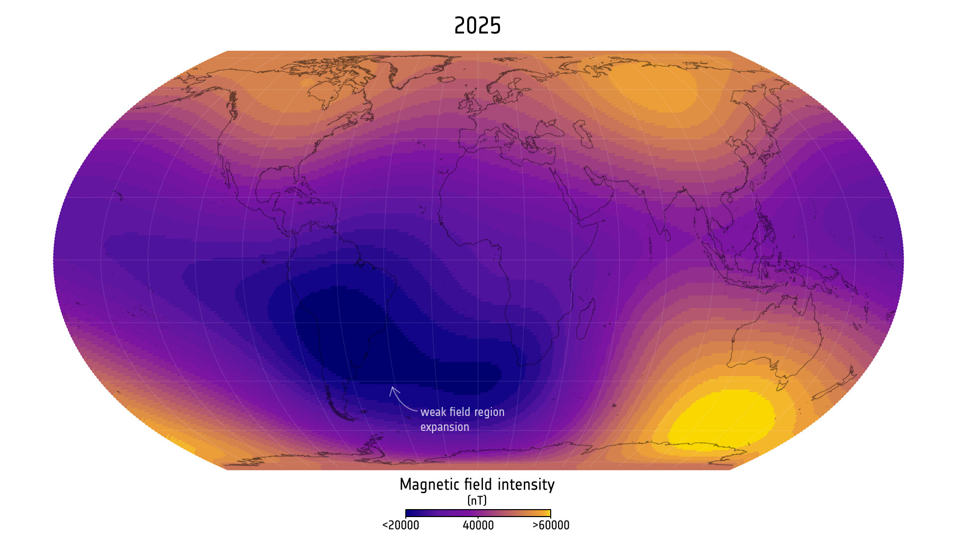 A imagem é um mapa de intensidade do campo magnético terrestre (em nanoTesla – nT), destacando a expansão da zona de campo fraco sobre a América do Sul e o Oceano Atlântico.