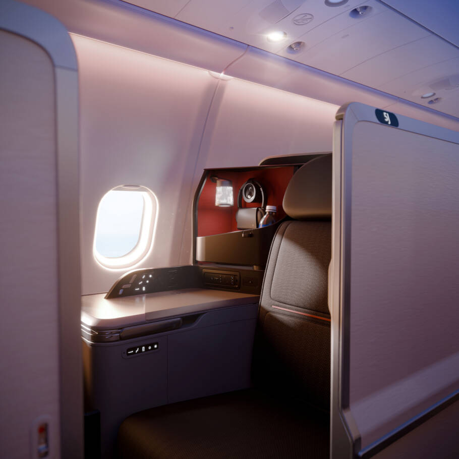 Cada suíte Delta One no Airbus A350-1000 conta com uma tela de quase 61 centímetros 4K QLED