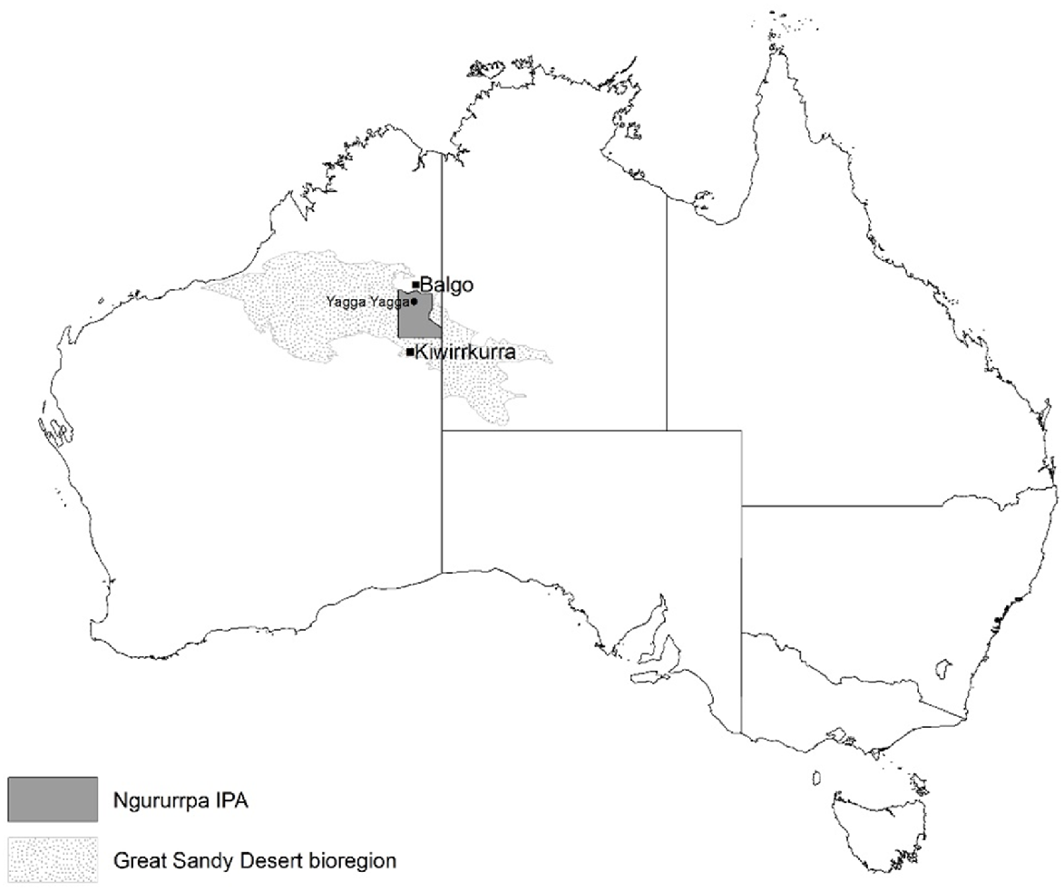Mapa mostrando a localização da Área Protegida Indígena Ngururrpa dentro da biorregião do Grande Deserto Arenoso. As comunidades indígenas habitadas mais próximas são mostradas, assim como a estação abandonada dentro da IPA, Yagga yagga.