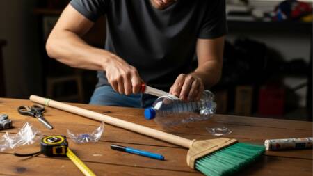 Para aplicar a técnica, corte a garrafa pet e encaixe-a no cabo de vassoura