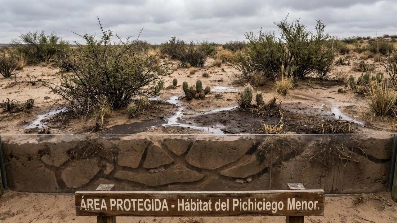 A proteção rigorosa da Reserva de Biosfera de Ñacuñán garante a sobrevivência deste raro mamífero subterrâneo.