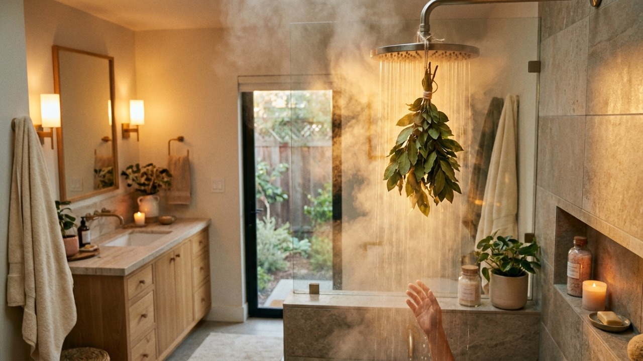 O vapor do banho quente potencializa as propriedades relaxantes das folhas de louro no ambiente.