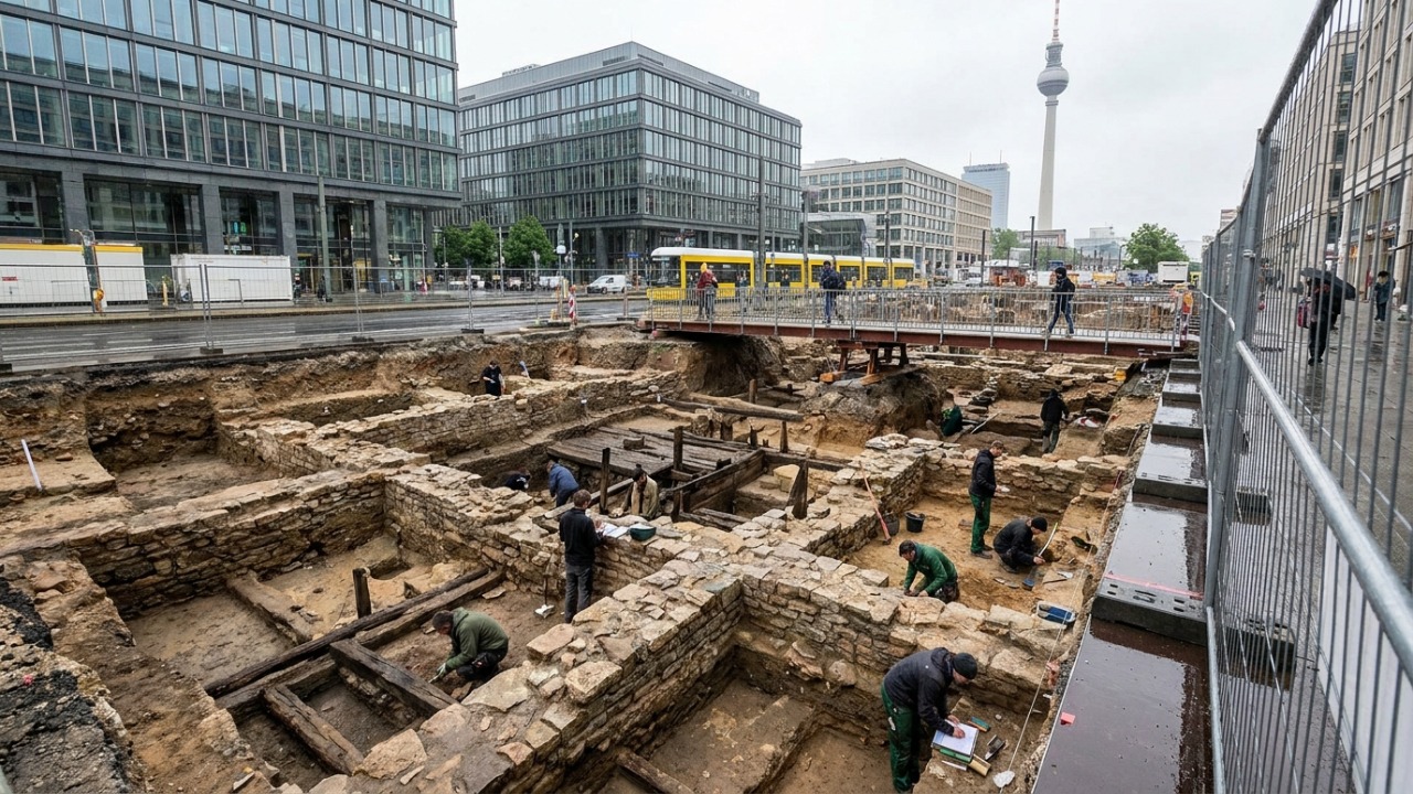 Berlim abre uma escavação de 269 mil pés quadrados no centro da cidade e revela suas origens medievais, com arqueólogos correndo contra as equipes de obra para preservar moedas, muralhas e vestígios antes que tudo seja coberto outra vez