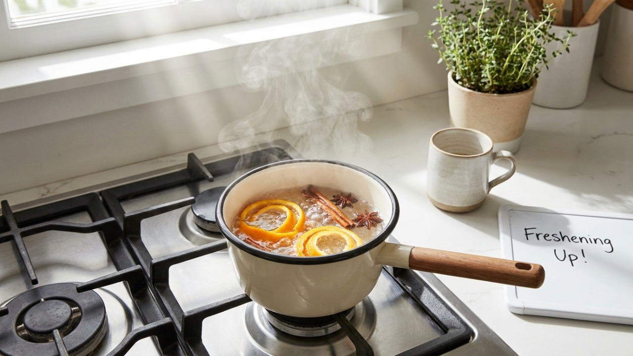 A fervura prévia de casca de laranja com canela cria uma barreira de vapor que neutraliza o cheiro de gordura antes que ele se espalhe pela casa.