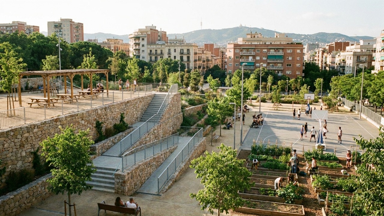 Projeto urbanístico de Barcelona integra áreas verdes e habitação popular para revitalizar a região de Vallcarca.