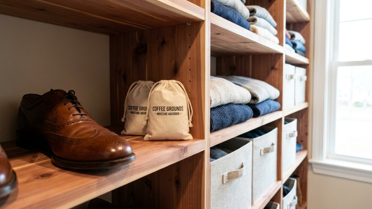 A utilização de sachês com borra de café seca ajuda a absorver a umidade e eliminar odores dos calçados.