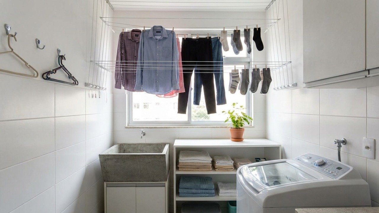 Otimize a secagem de roupas em espaços pequenos com o uso estratégico de varais e boa ventilação.