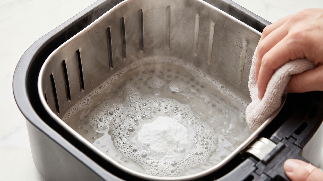 A mistura usada na Airfryer pode soltar crostas de gordura e facilitar a limpeza sem esfregar com tanta força.