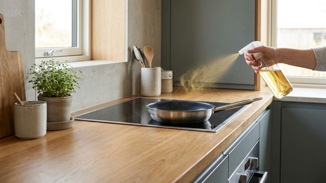 O uso do borrifador distribui o líquido de forma uniforme e ajuda a economizar insumos na cozinha compacta.