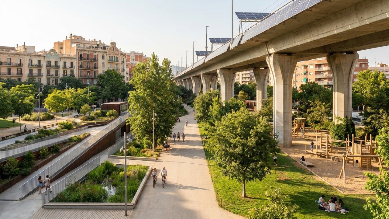O novo Parc Central de Vallcarca visa mitigar o calor urbano com uma robusta infraestrutura climática.