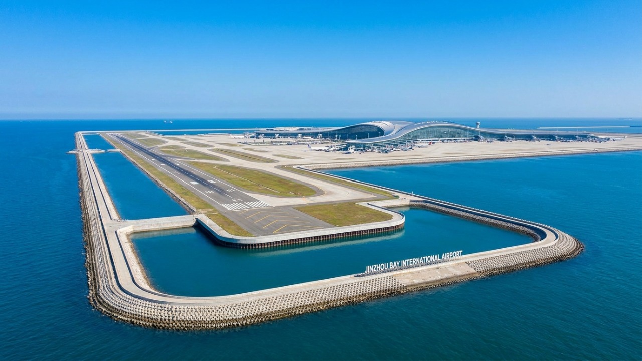 A China desafia os limites da engenharia civil com a construção de um imenso aeroporto flutuante sobre uma ilha artificial na Baía de Jinzhou.