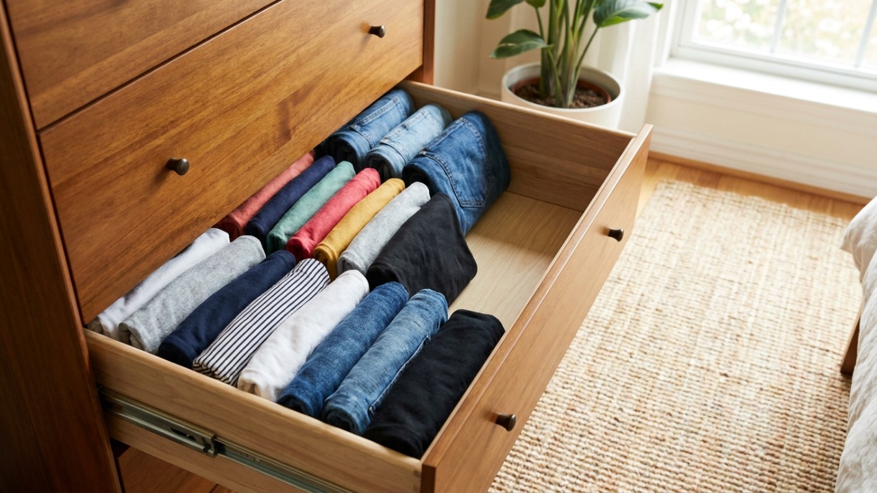 Organizar roupas com a técnica de dobra vertical garante praticidade e agilidade na rotina.