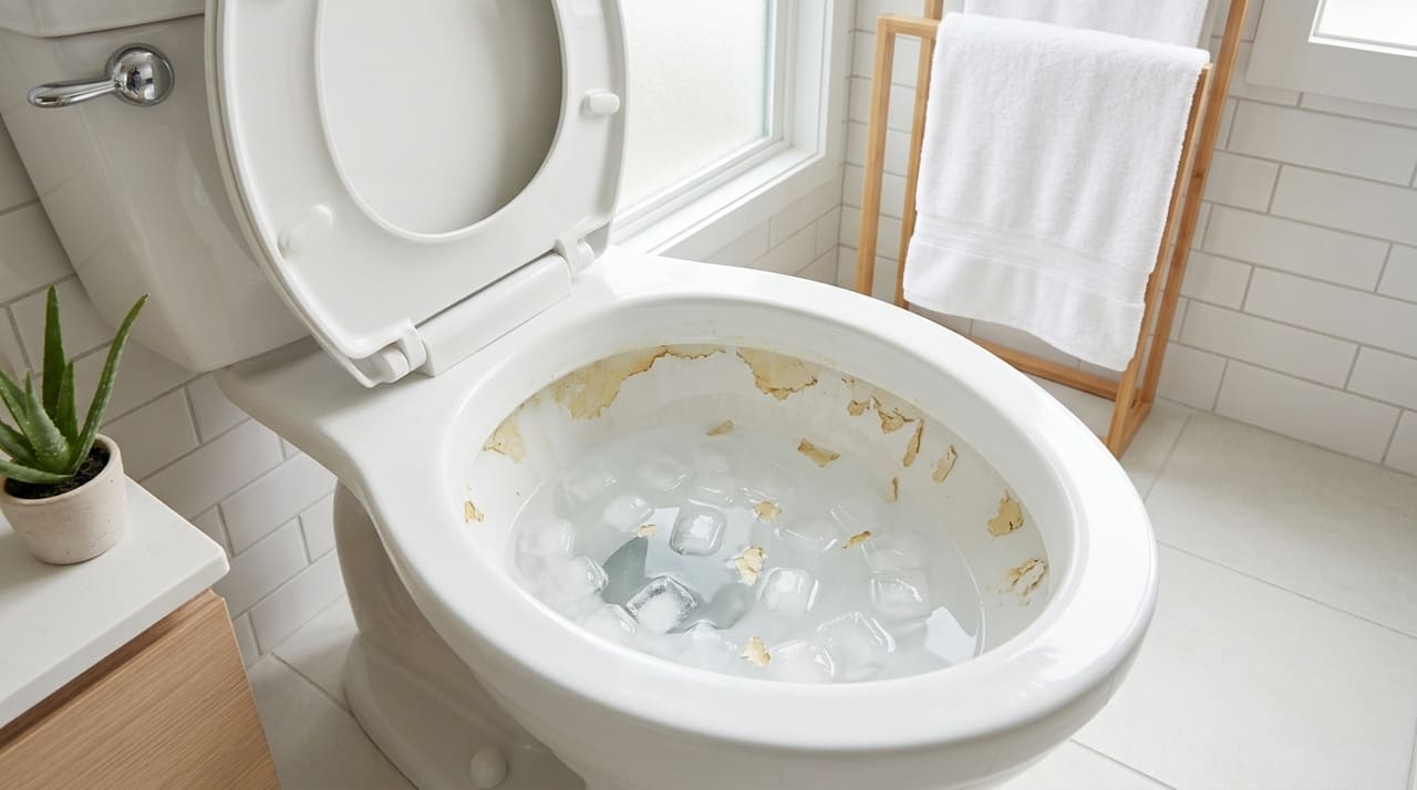A aplicação de cubos de gelo no vaso sanitário é uma técnica antiga utilizada por faxineiras profissionais para otimizar a higienização do banheiro.