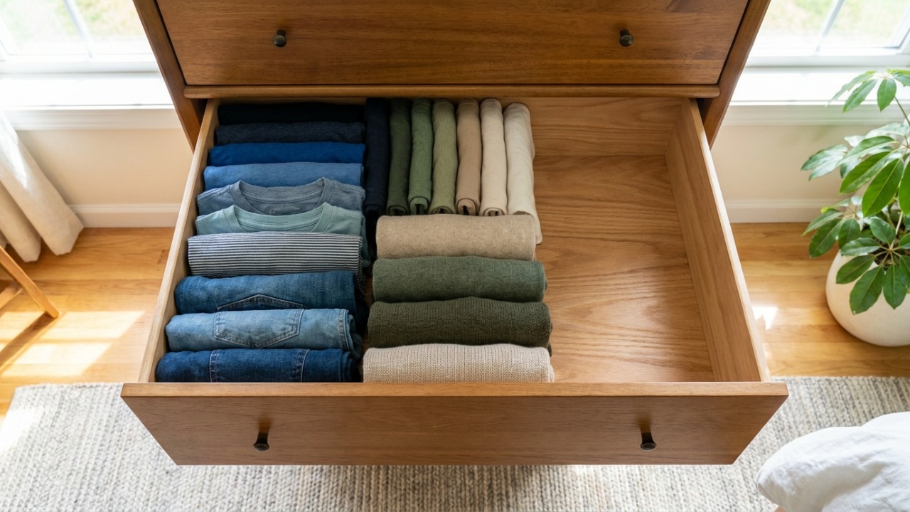 A dobra vertical otimiza o espaço no guarda-roupa e facilita a visualização das peças.