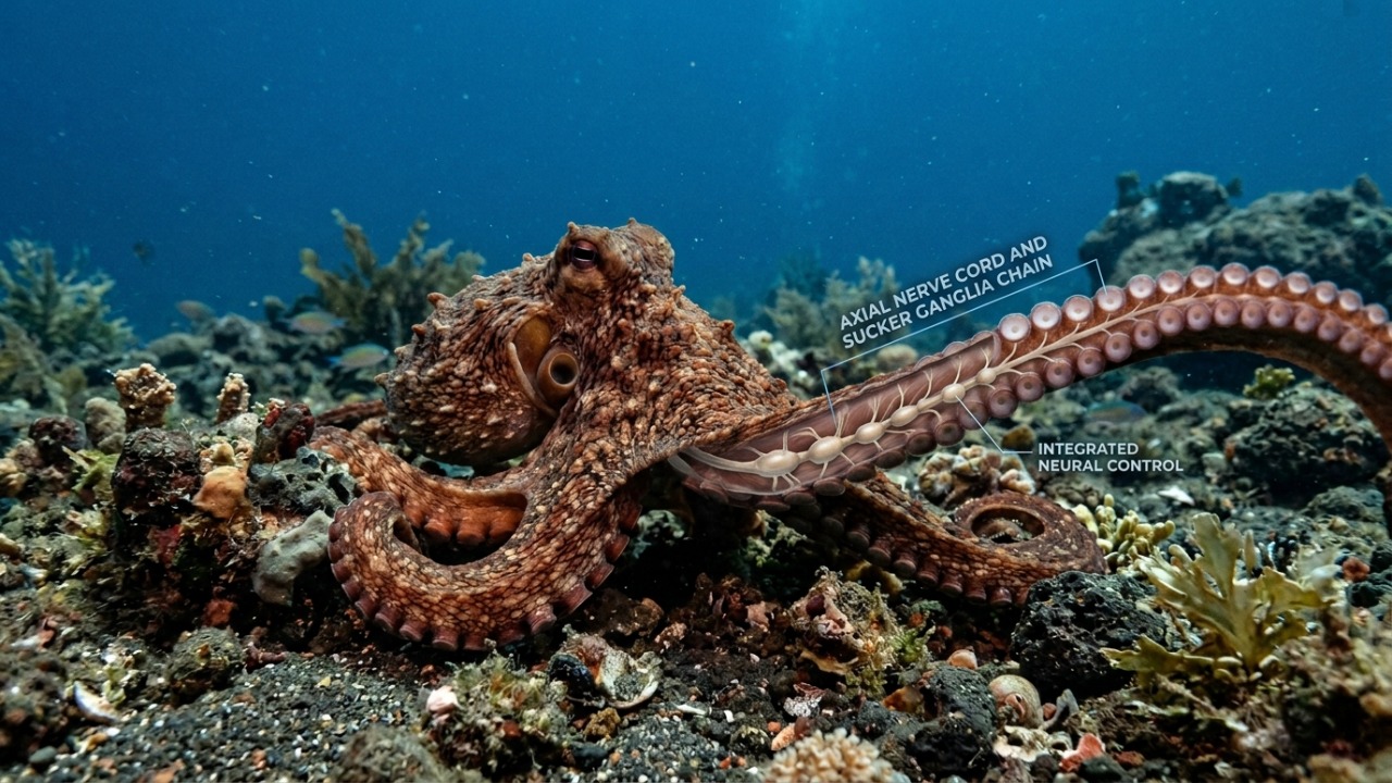 A estrutura neurológica distribuída nos braços dos polvos revela uma estratégia evolutiva fascinante para a inteligência marinha.