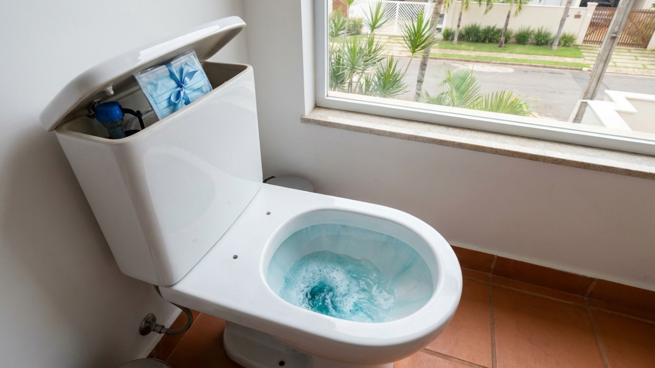 A máscara descartável transformada em sachê limpa o vaso sanitário automaticamente a cada descarga.