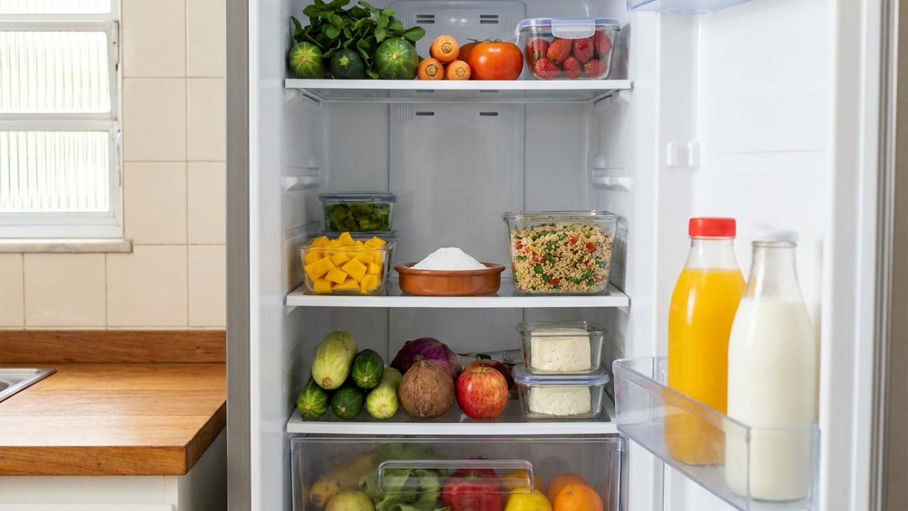O bicarbonato de sódio atua como um poderoso neutralizador para eliminar o odor de alimentos acumulado na geladeira.