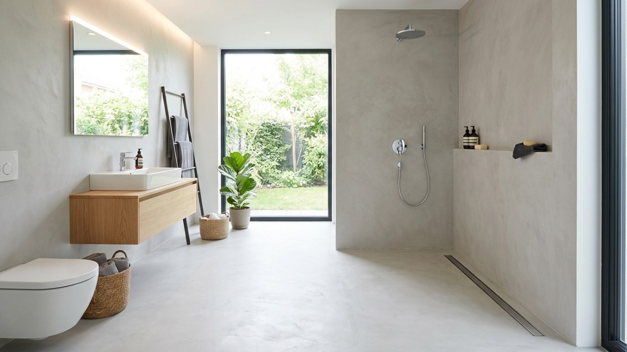 O uso de superfícies contínuas e elementos fixos transforma o banheiro em um ambiente minimalista e fácil de manter.