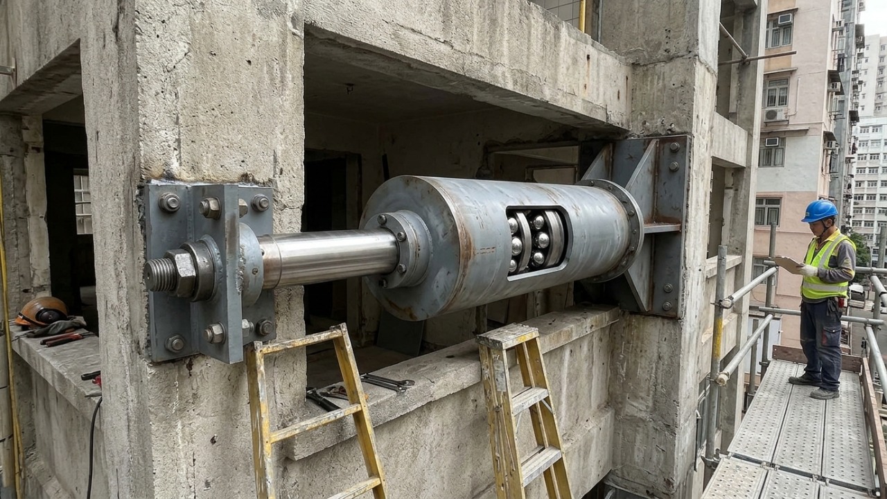 Cilindro inovador utiliza o atrito mecânico de esferas de aço para amortecer os impactos de terremotos em grandes estruturas urbanas.