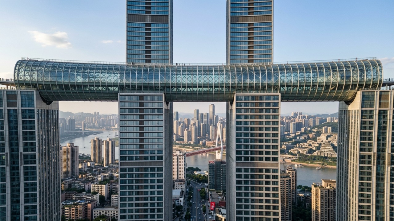 Estrutura suspensa interliga quatro torres em um projeto arquitetônico inovador na China.