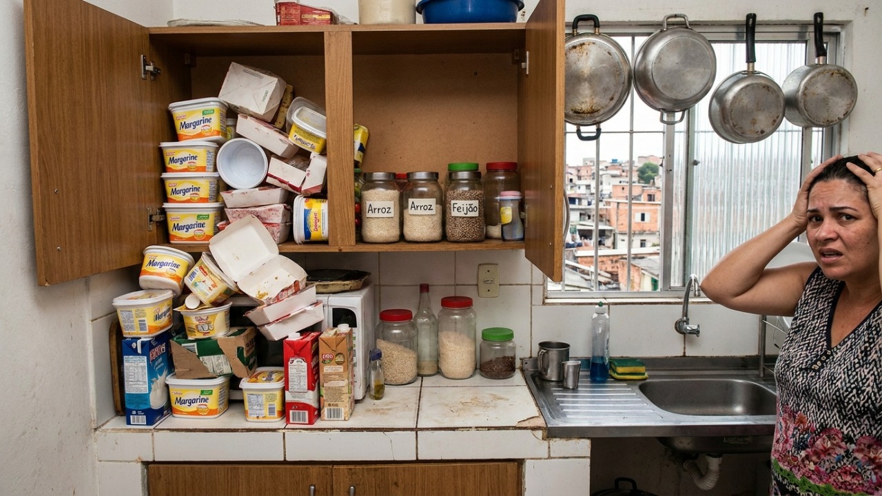 O acúmulo excessivo de embalagens vazias na cozinha revela traços profundos de apego material e ansiedade.