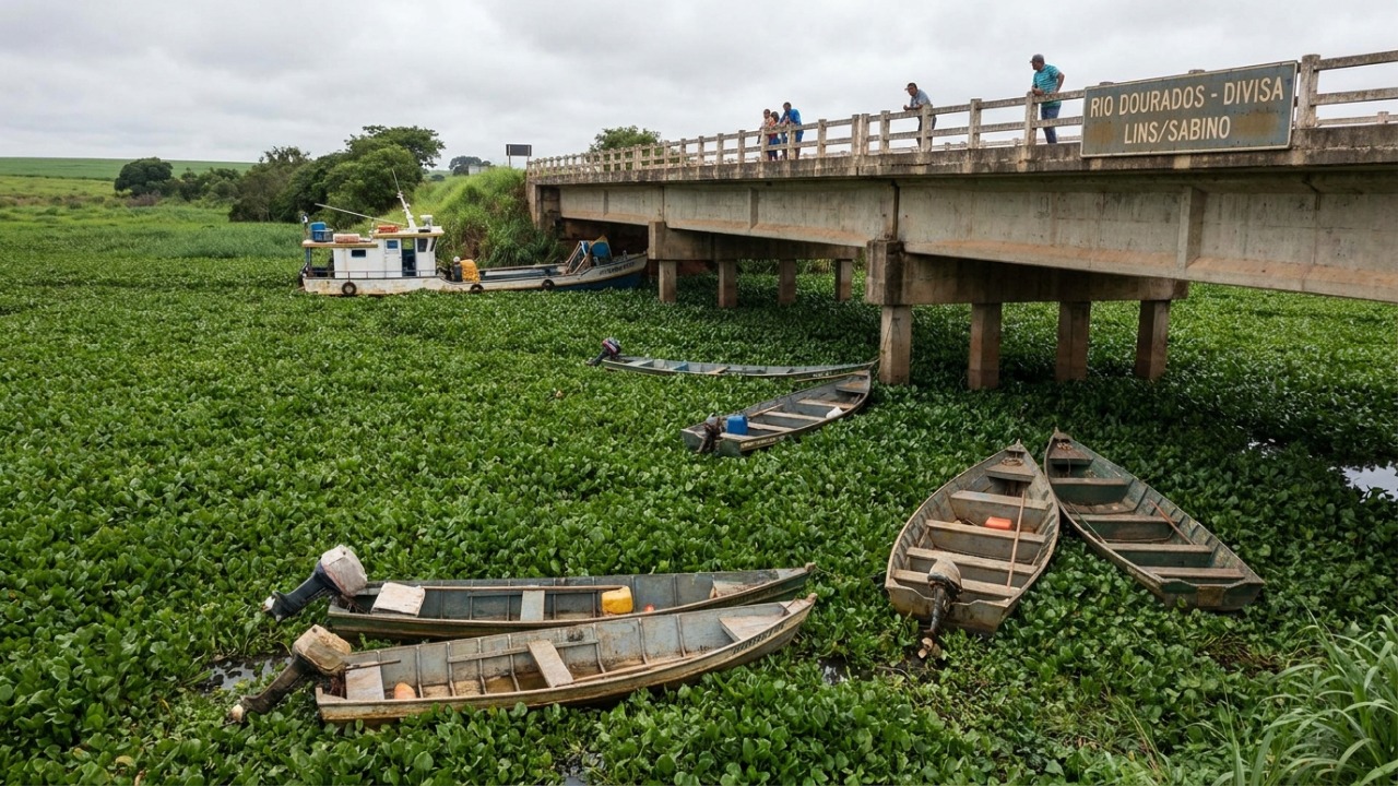 O acúmulo de vegetação aquática no rio Dourados causa prejuízos a moradores e interrompe a navegação.
