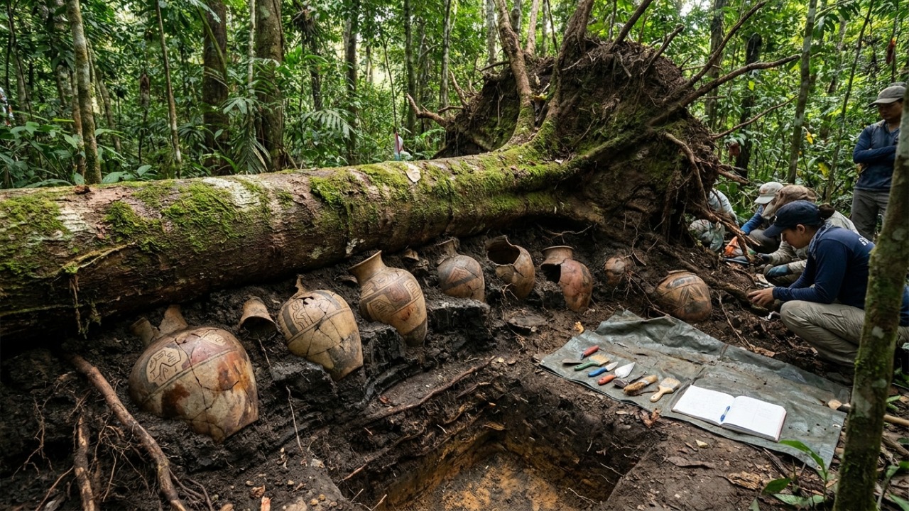 Uma árvore caída na floresta amazônica revelou urnas funerárias milenares sob suas raízes.