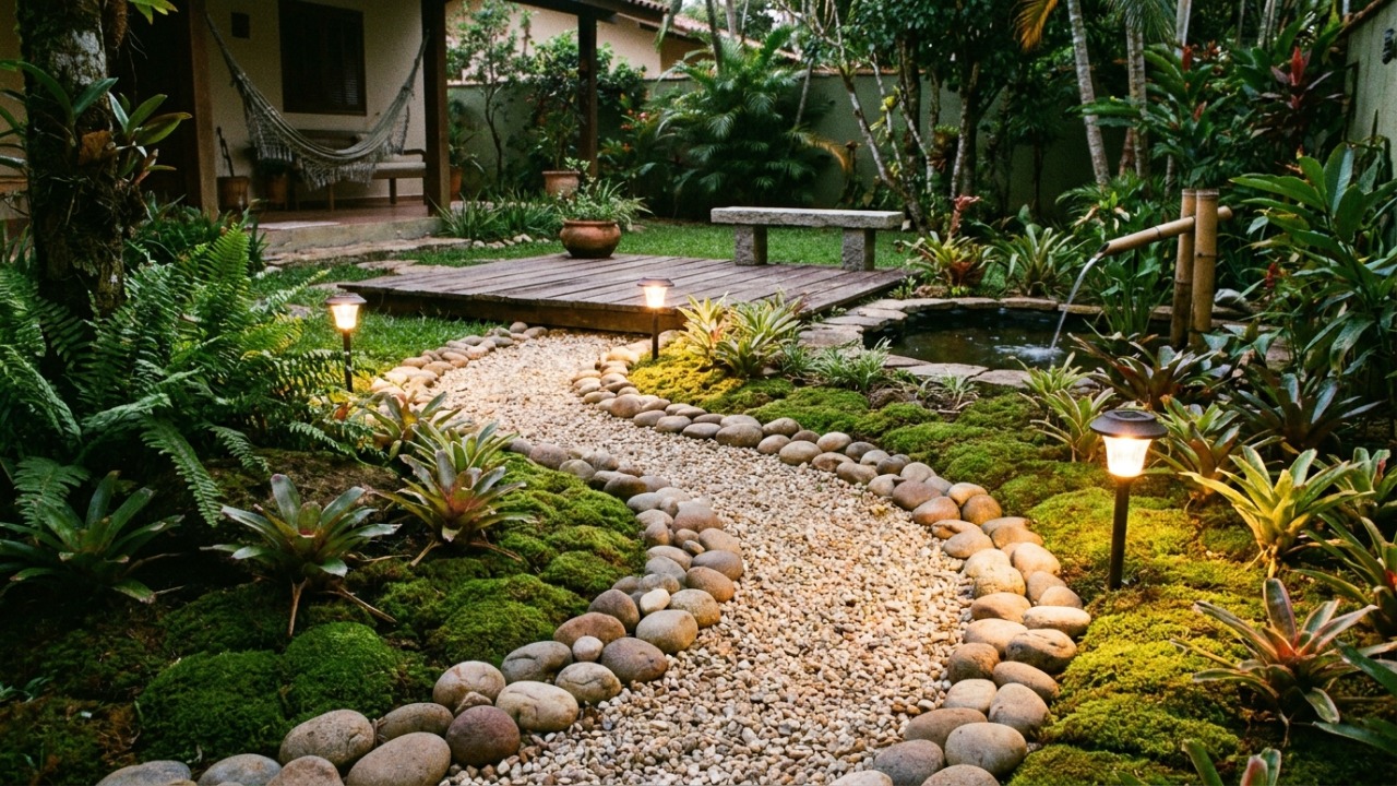 O planejamento de trajetos curvos e o uso de pedras de rio transformam o quintal em um autêntico jardim japonês dedicado ao relaxamento.