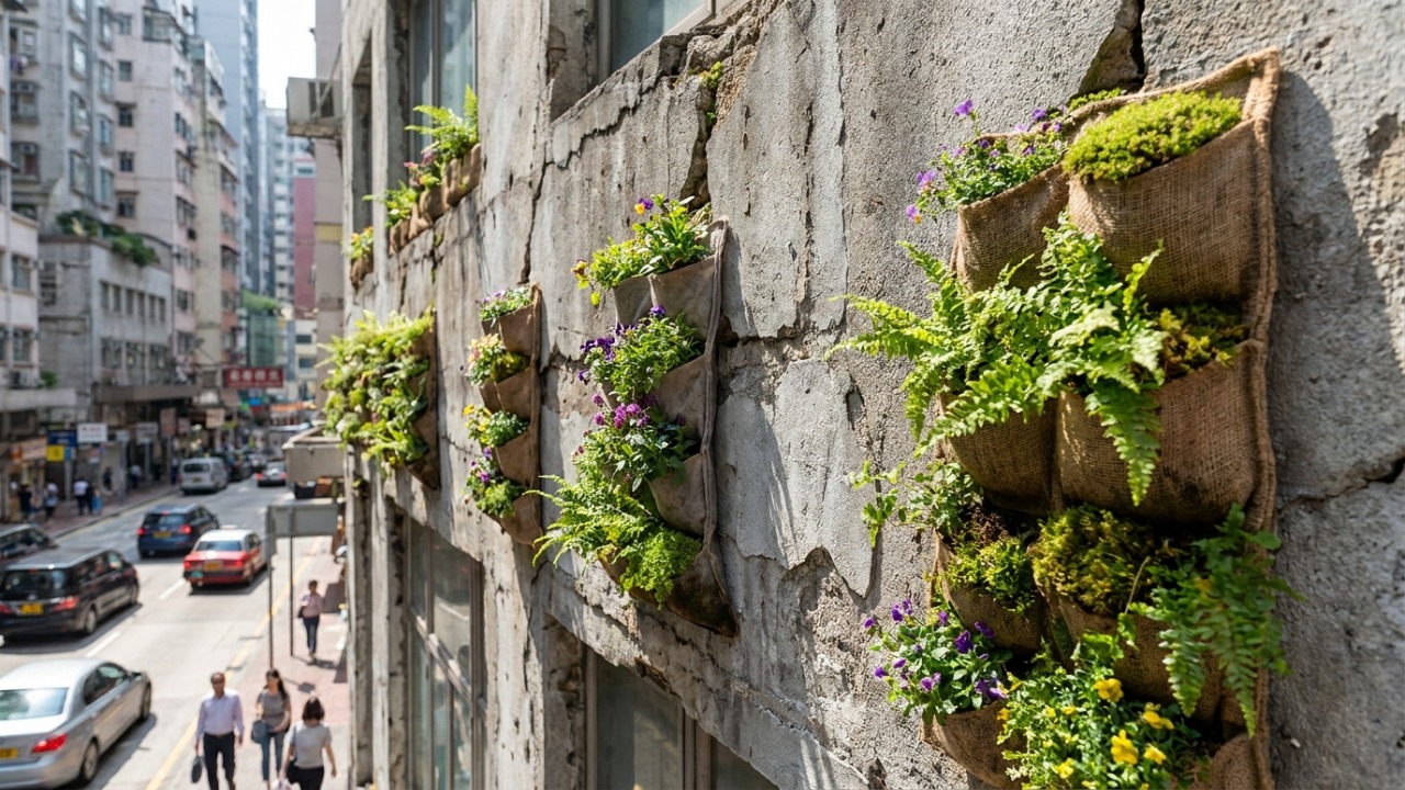 O projeto Green Anarchy transforma rachaduras urbanas em jardins verticais através de adesivos biodegradáveis.