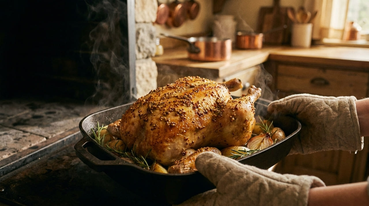 Os franceses concordam: “Para deixar o frango assado mais suculento e dourado, o segredo é adicionar uma colher de mostarda antiga durante a marinada”