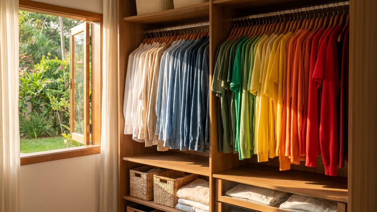 Ordenar o guarda-roupa por tons específicos proporciona a estabilidade e a previsibilidade necessárias para o cotidiano.