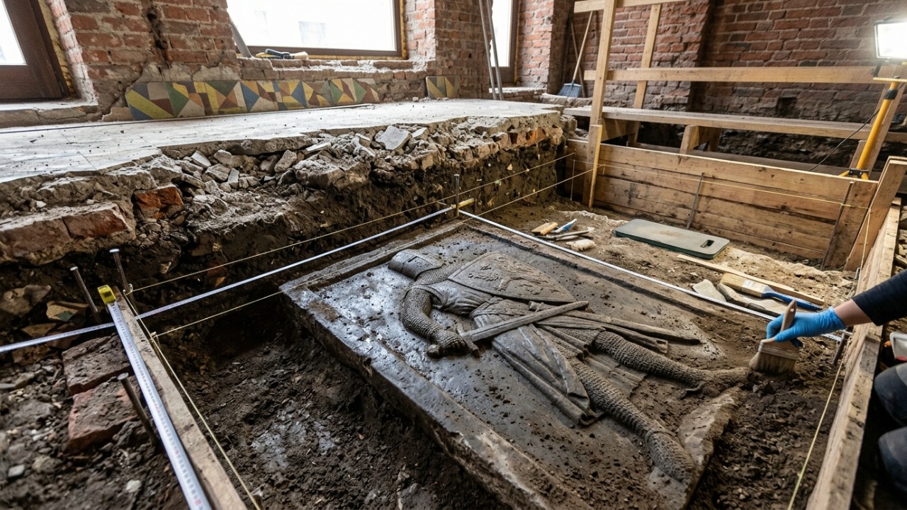 Lápide de calcário com a figura de um cavaleiro é descoberta em escavação de cemitério medieval em Gdańsk.