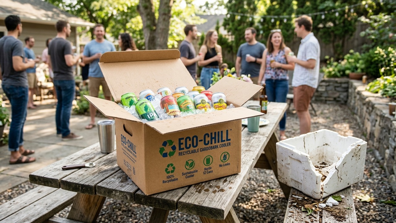 Caixa térmica sustentável mantém bebidas geladas por até seis horas e reduz o impacto ambiental.