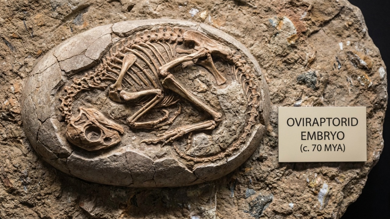 Descoberta de embrião de oviraptorossauro dentro de ovo fossilizado desvenda hábitos ancestrais antes da eclosão.