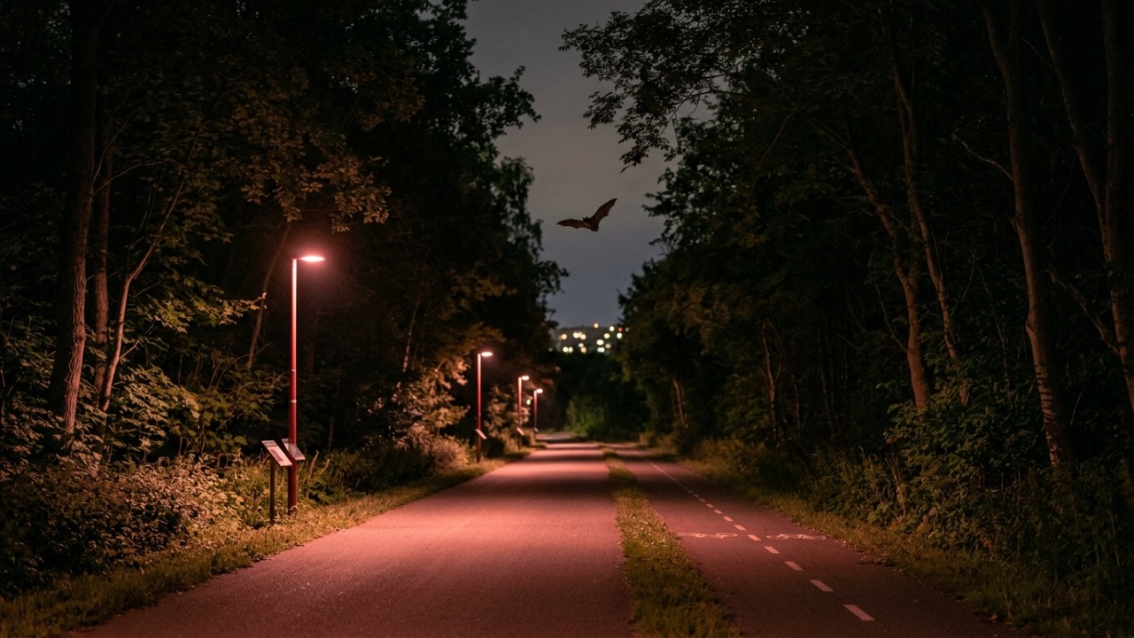 Município dinamarquês instala postes de luz vermelha para preservar o comportamento natural da fauna noturna.