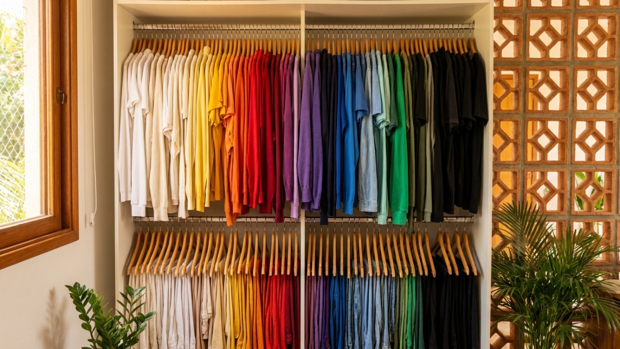 A organização de roupas por cores funciona como um mecanismo terapêutico para reduzir o estresse mental.