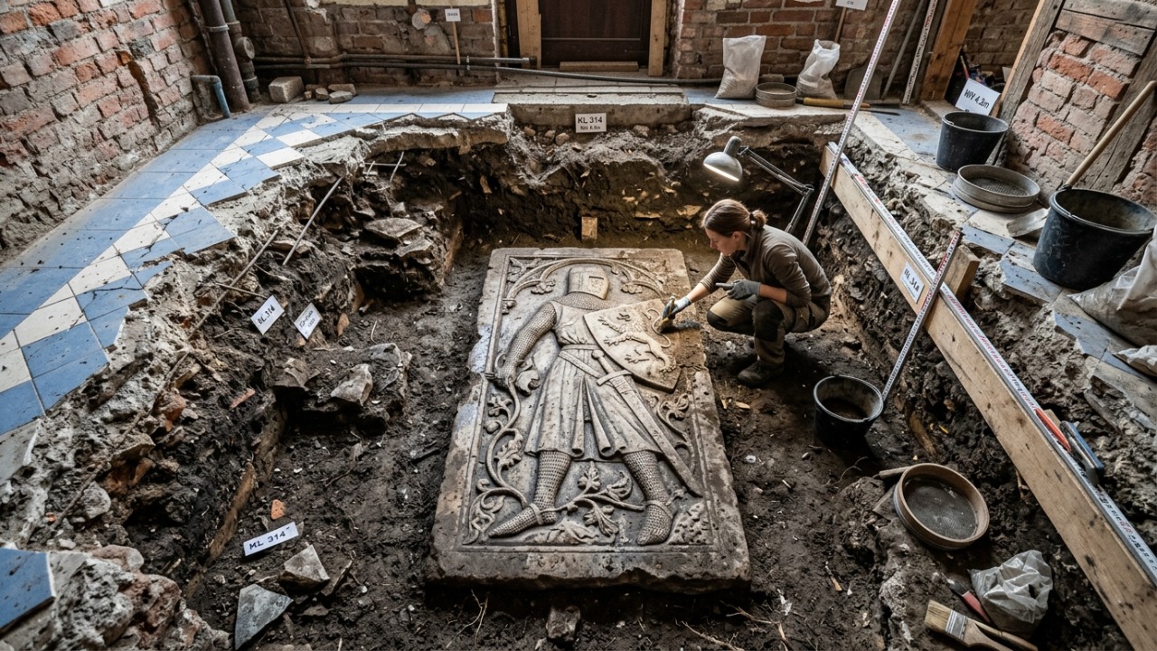 Arqueólogos encontram esqueleto de um cavaleiro medieval sob o terreno de uma antiga sorveteria na Polônia.