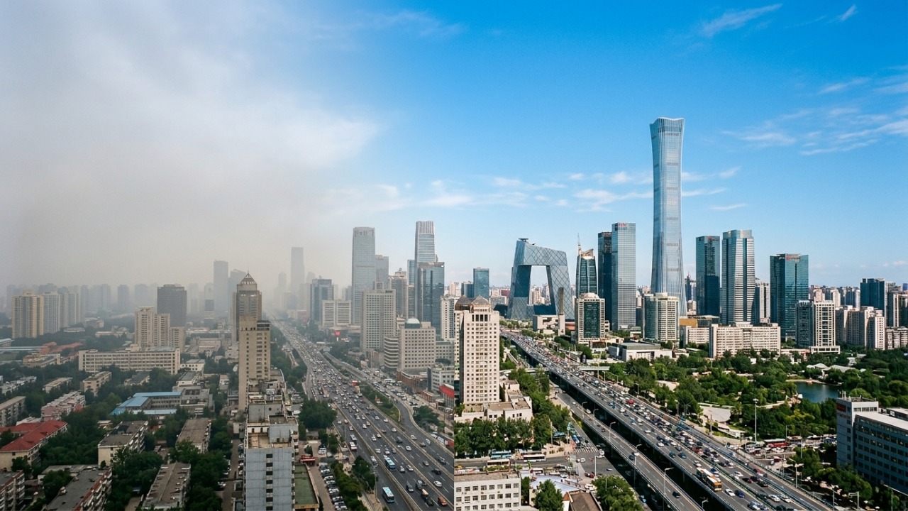 A transição para fontes limpas garante um céu mais claro para a capital chinesa.