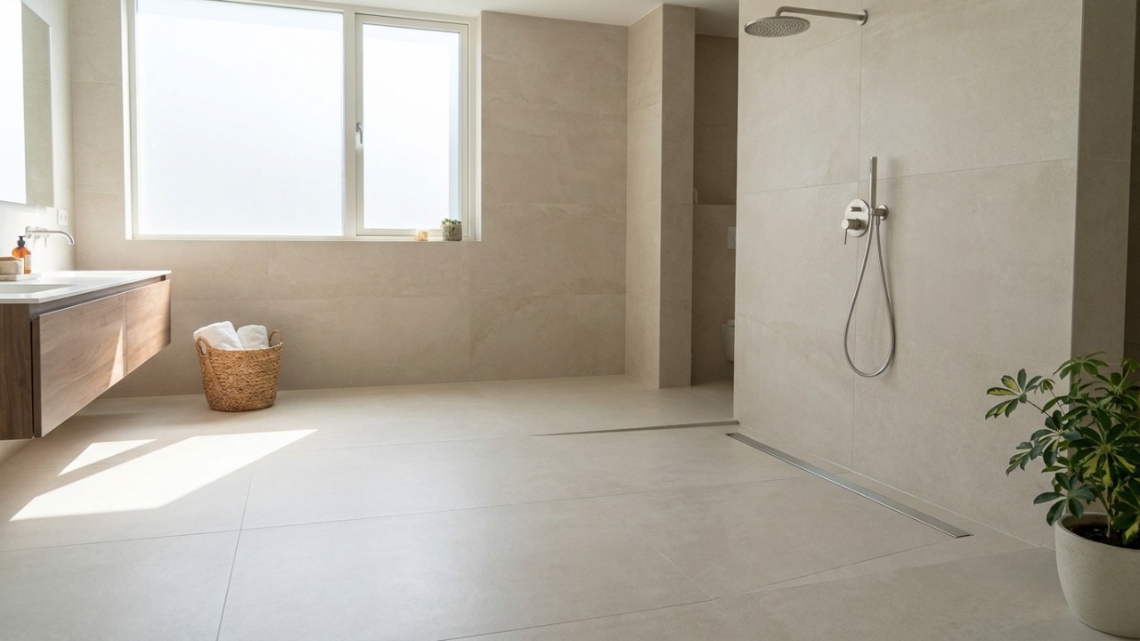 O design de banheiro integrado dispensa divisórias tradicionais para criar um ambiente mais moderno e funcional.