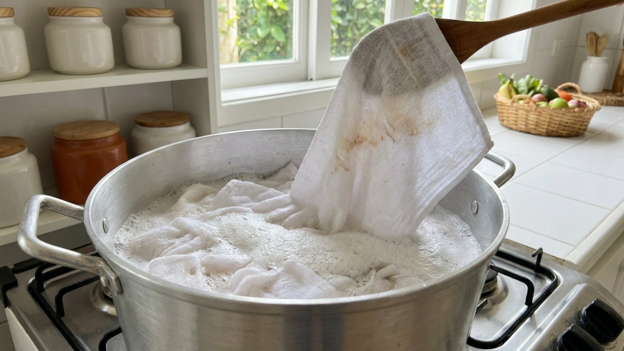 O processo de fervura garante a higienização completa e o branqueamento das fibras do tecido.