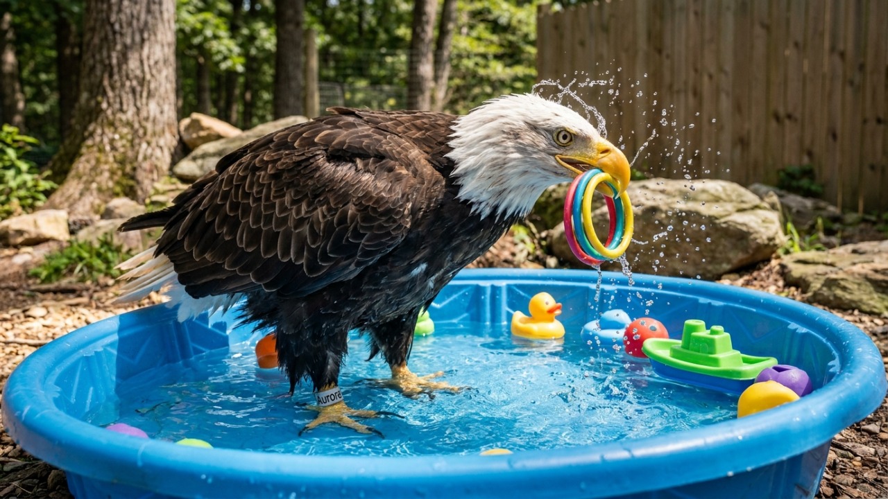 Uma águia careca de 12 anos chamada Aurora está se divertindo em uma piscina infantil cheia de brinquedos em um centro licenciado de reabilitação de animais silvestres em Connecticut, e o detalhe é que ela não pode voltar à natureza após ser atingida por um caminhão e passar por uma amputação parcial da asa em 2024