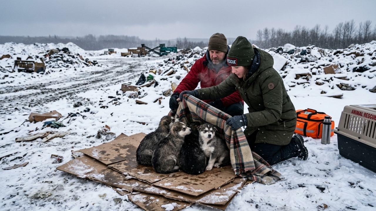 Quatro filhotes de husky resgatados de um lixão congelante no Canadá recebem cuidados essenciais para sobreviver.