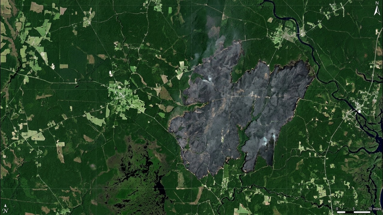 Imagem de satélite revela a vasta área de devastação causada por incêndios florestais no sul da Geórgia.