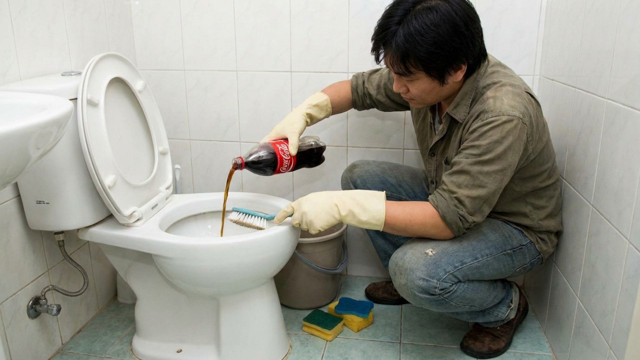 O ácido fosfórico do refrigerante dissolve manchas difíceis no vaso sanitário com eficiência.