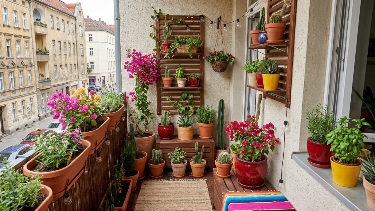 O uso de vasos coloridos e plantas resistentes traz a vibrante estética mexicana para o seu jardim urbano.